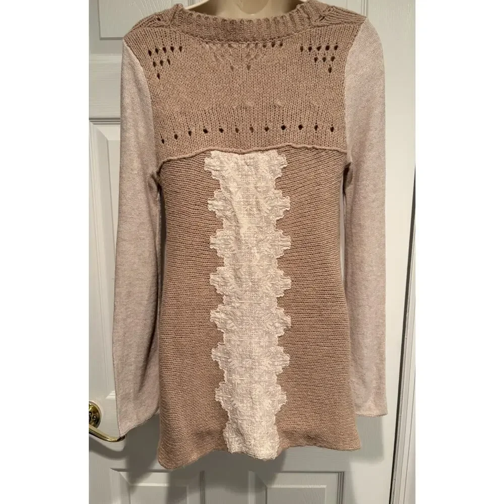 New Free People Knit Lace Panel Sweater Cardigan XS Beige Oatmeal Boho cottage